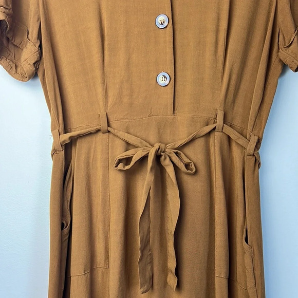 Monteau Women's Brown Rayon Shirt Dress with Tie Waist and pockets Size L - Picture 7 of 16
